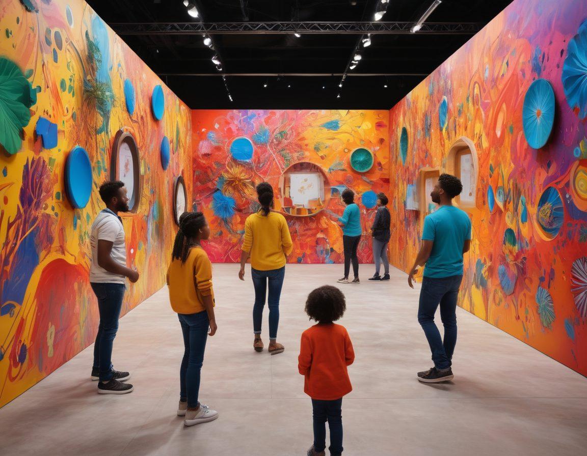 A dynamic art exhibition scene with diverse groups of people engaging with interactive installations. Showcase vibrant art pieces, children experimenting with digital art, and adults discussing cultural themes. Include a backdrop of abstract murals and sculptures that symbolize education through creativity. Bright, inviting colors emphasize the joy of learning through art. super-realistic. vibrant colors. 3D.