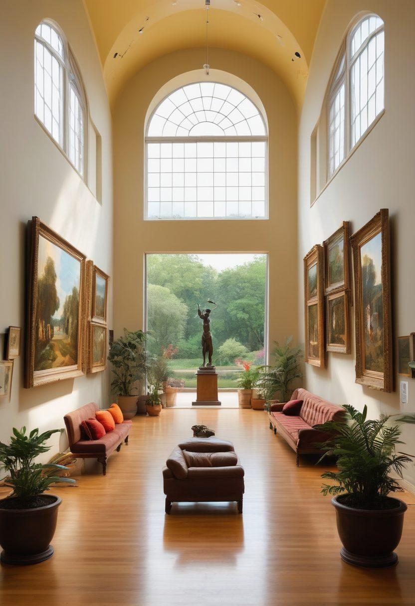 A serene museum interior showcasing various art pieces, with visitors admiring historical paintings and sculptures. Soft, natural light filtering through large windows illuminates the space, highlighting cultural artifacts and vivid colors. Curators interact with guests, sharing stories of the art’s significance and history. Include elements like plants and comfortable seating areas to evoke a welcoming atmosphere. super-realistic. vibrant colors. natural light.